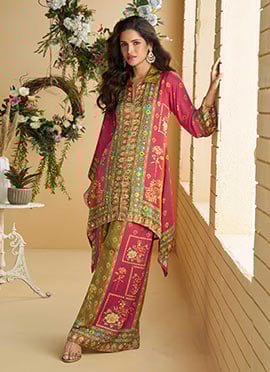 Pink Crepe Silk Mirror Work And Digital Print Co ord Sets