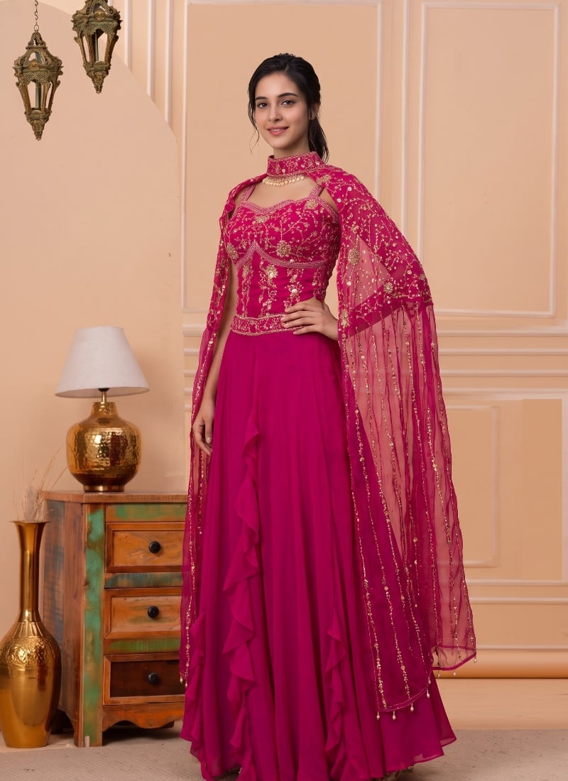 Pink Crepe Silk Sequins Embroidered Lehenga After Six Wear