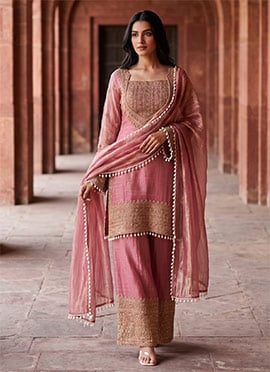 Pink Crunchy Silk Embroidered Palazzo Suit