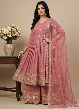 Pink Crunchy Silk Embroidered Sequins Anarkali Suit