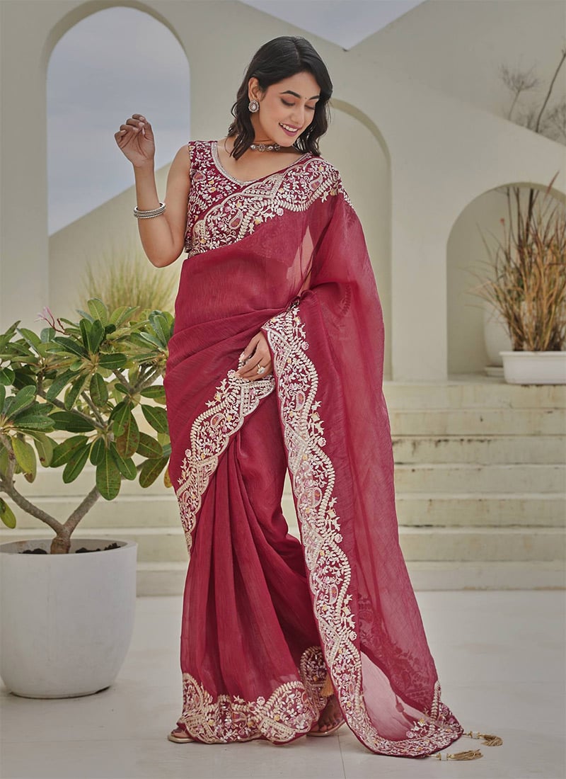 Pink Crunchy Silk Embroidered Sequins Saree Festive Wear