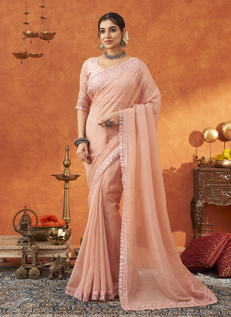 Pink Crunchy Silk Embroidered Sequins Saree Festive Wear