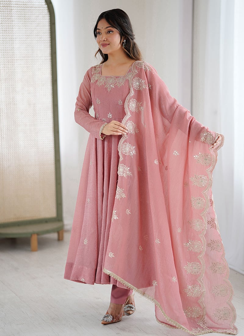 Pink Crunchy Silk Sequins Embroidered Anarkali Suit Festive Wear