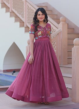 Pink Crunchy Silk Thread Embroidered Koti Anarkali Gown