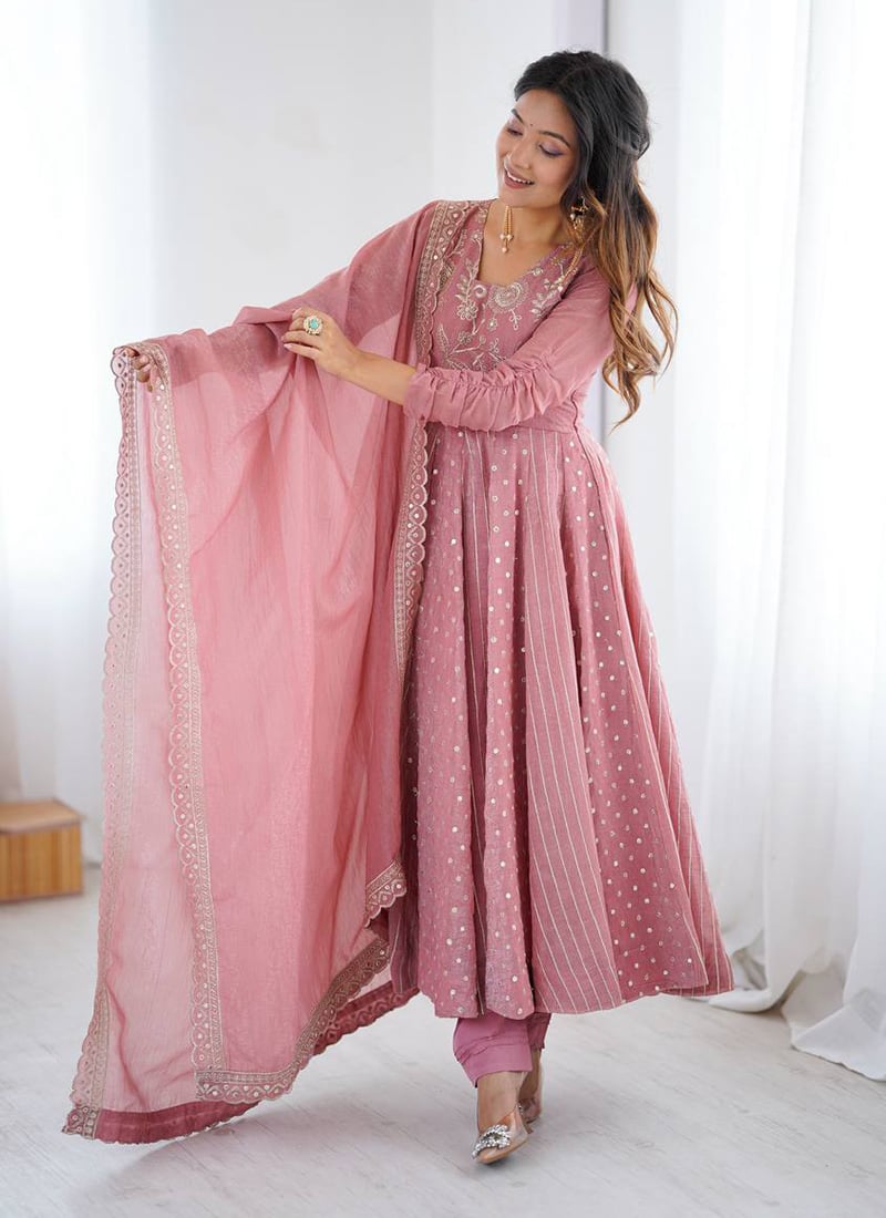 Pink Crunchy Silk Zari Embroidered Sequins Anarkali Suit Festive Wear