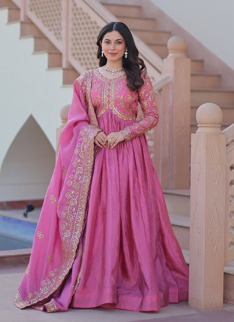 Pink Crush Silk Embroidered Sequins Anarkali Suit Festive Wear