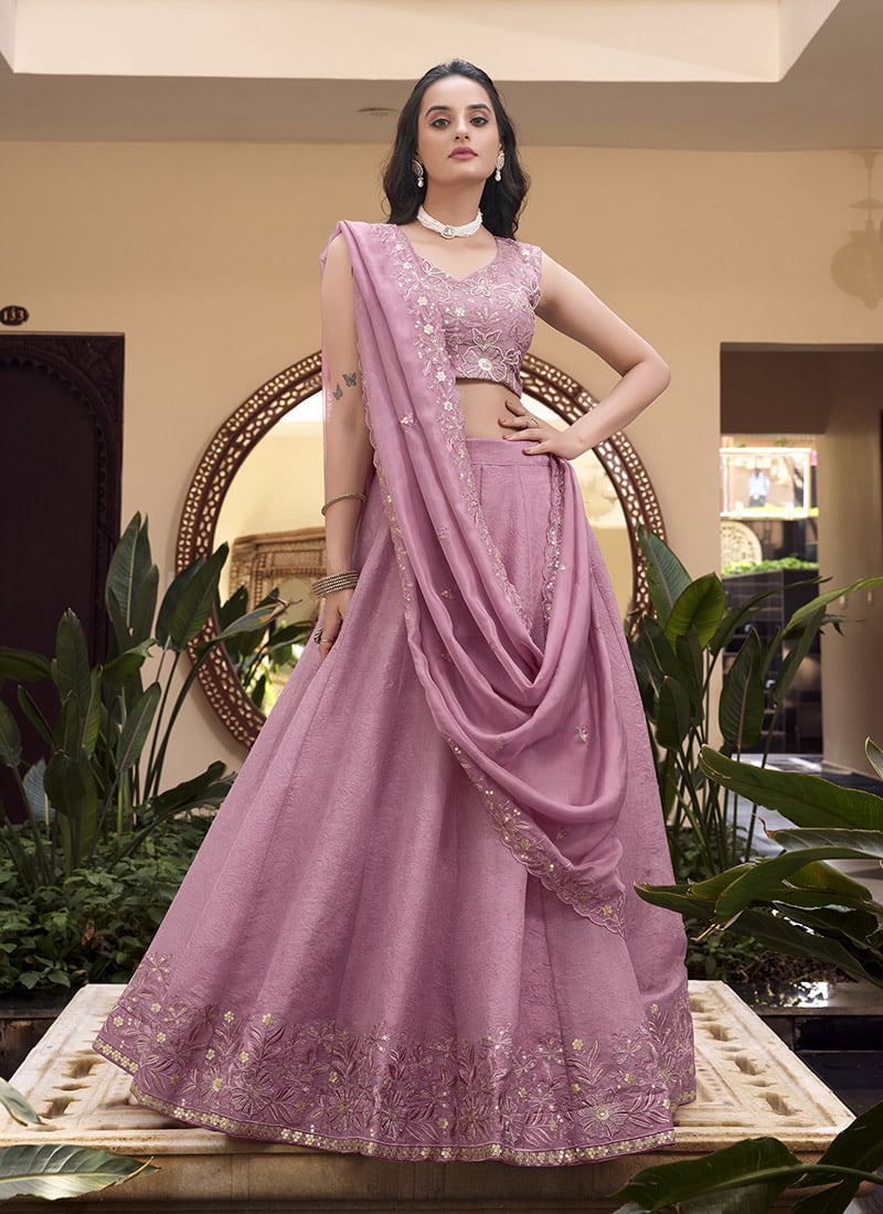 Pink Crush Silk Embroidered Sequins Lehenga Wedding Wear