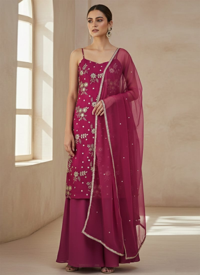 Pink Crush Silk Embroidered Sharara Suit Festive Wear