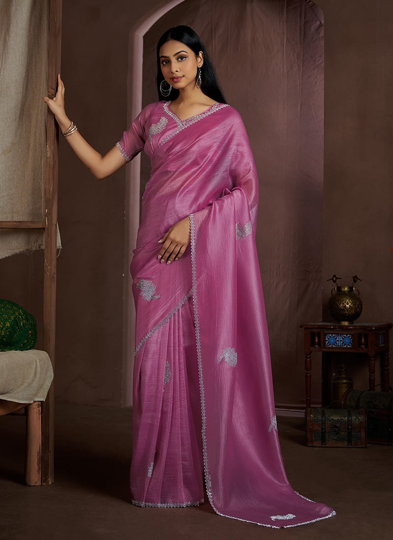 Pink Crush Silk Stone Work Saree Festive Wear