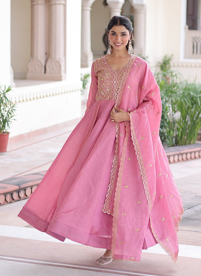 Pink Crush Silk Zari Embroidered Sequins Anarkali Suit Festive Wear