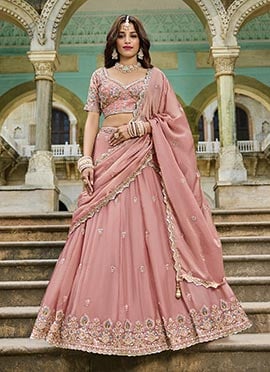 Pink Crush Silk Zari Embroidered Sequins With Beads Work Lehenga Wedding Wear