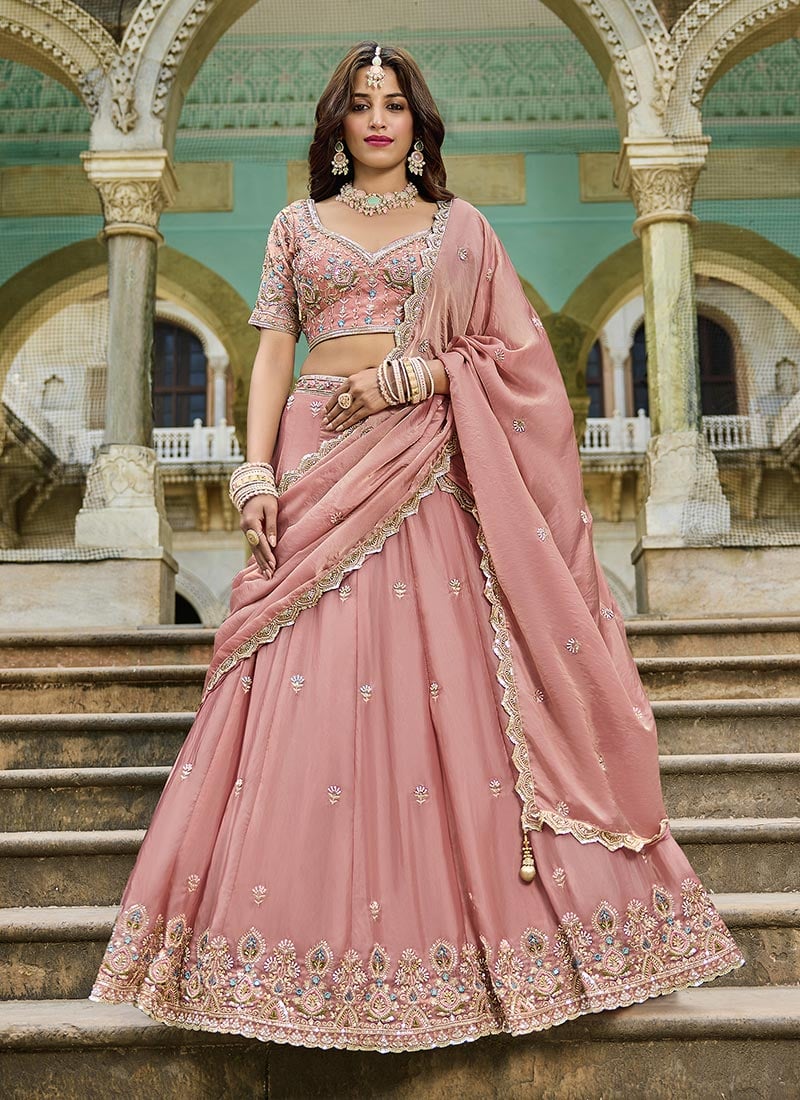 Pink Crush Silk Zari Embroidered Sequins With Beads Work Lehenga