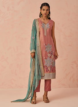 Pink Crush Silk Zari Embroidered Sequins With Stone Work Straight Pant Suit
