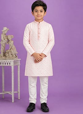 Pink Digital Print Kurta Cotton Kurta Pyjama For Kids Boys