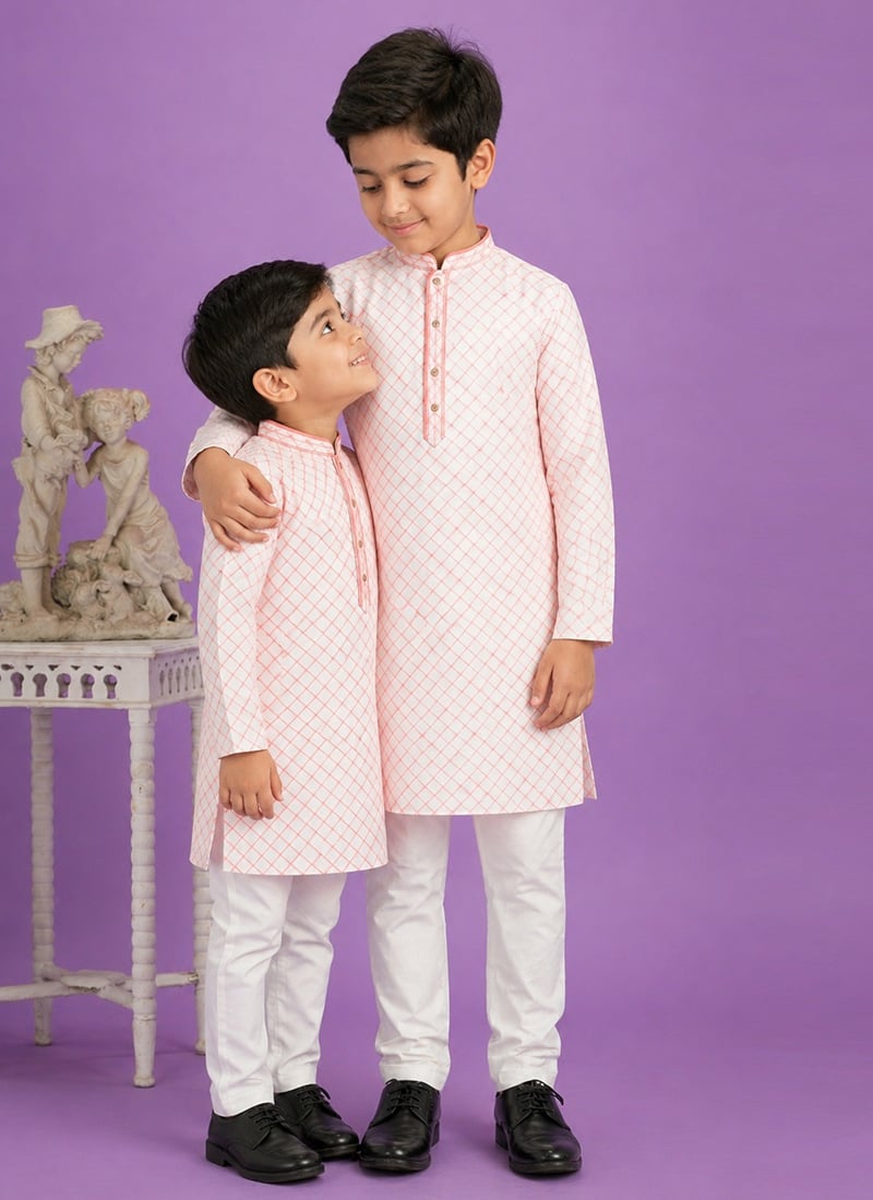 Pink Digital Print Kurta Cotton Kurta Pyjama For Kids Boys Festive Wear