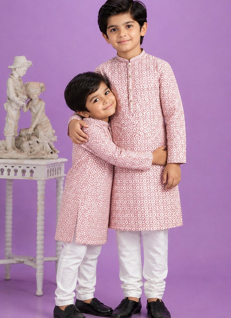 Pink Digital Print Kurta Cotton Kurta Pyjama For Kids Boys Festive Wear