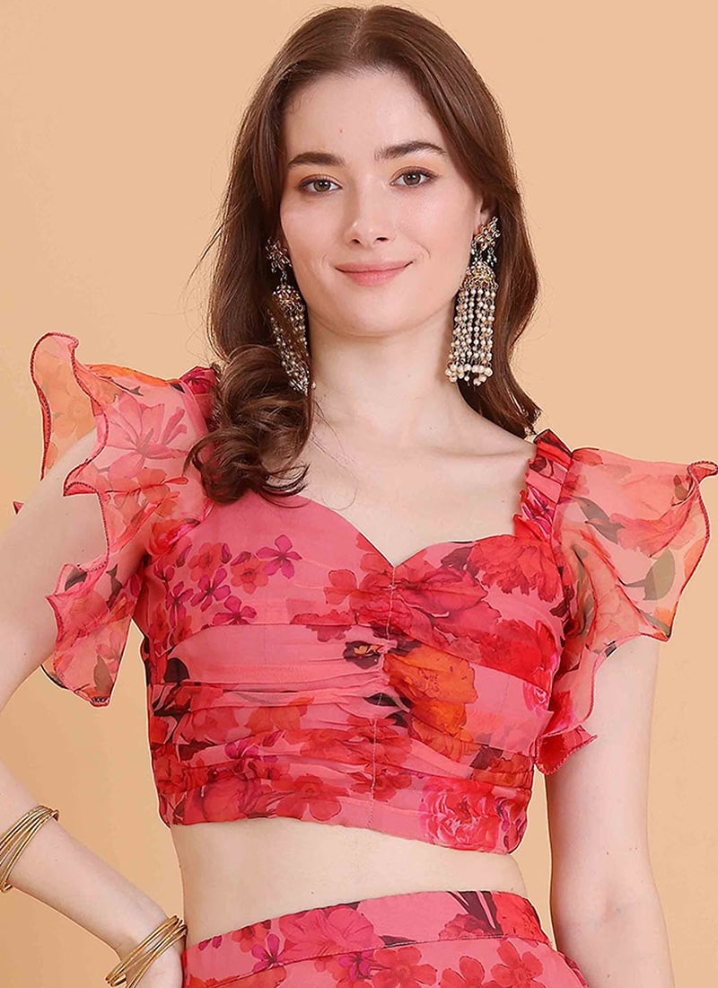 Pink Digital Printed Organza Ruched Pattern Blouse Party Wear
