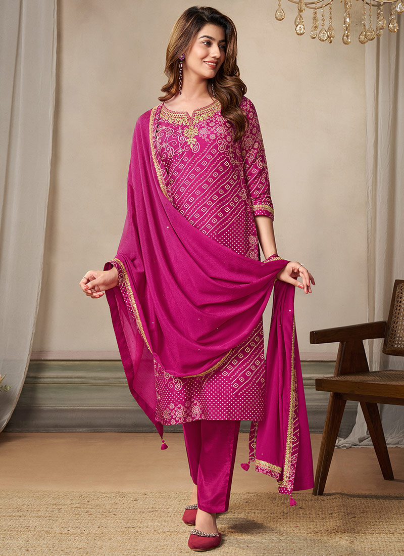 Pink Dola Silk Bandhini Print Embroidered Straight Pant Suit Festive Wear