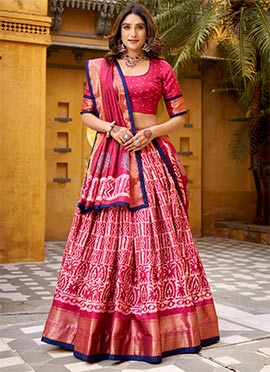 Pink Dola Silk Batik Printed Zari Lehenga
