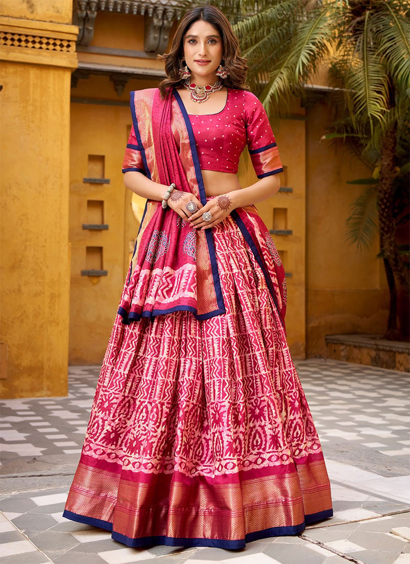 Pink Dola Silk Batik Printed Zari Lehenga Festive Wear