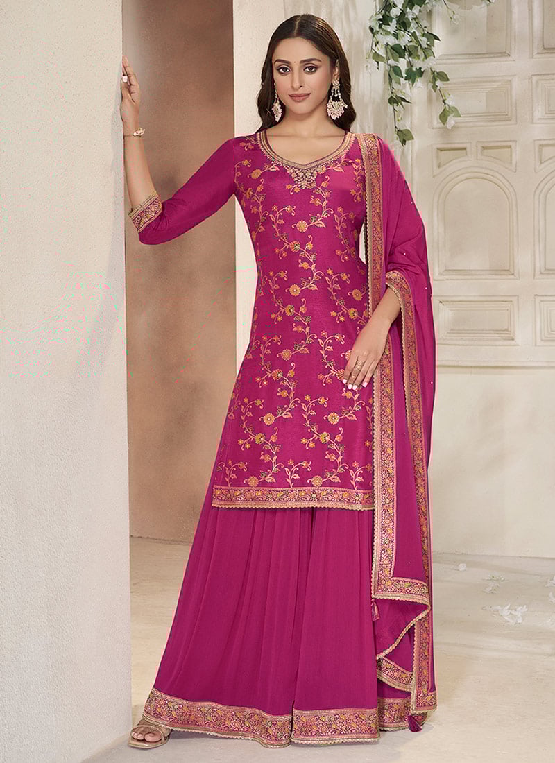 Pink Dola Silk Floral Meena Jacquard Work Sharara Suit