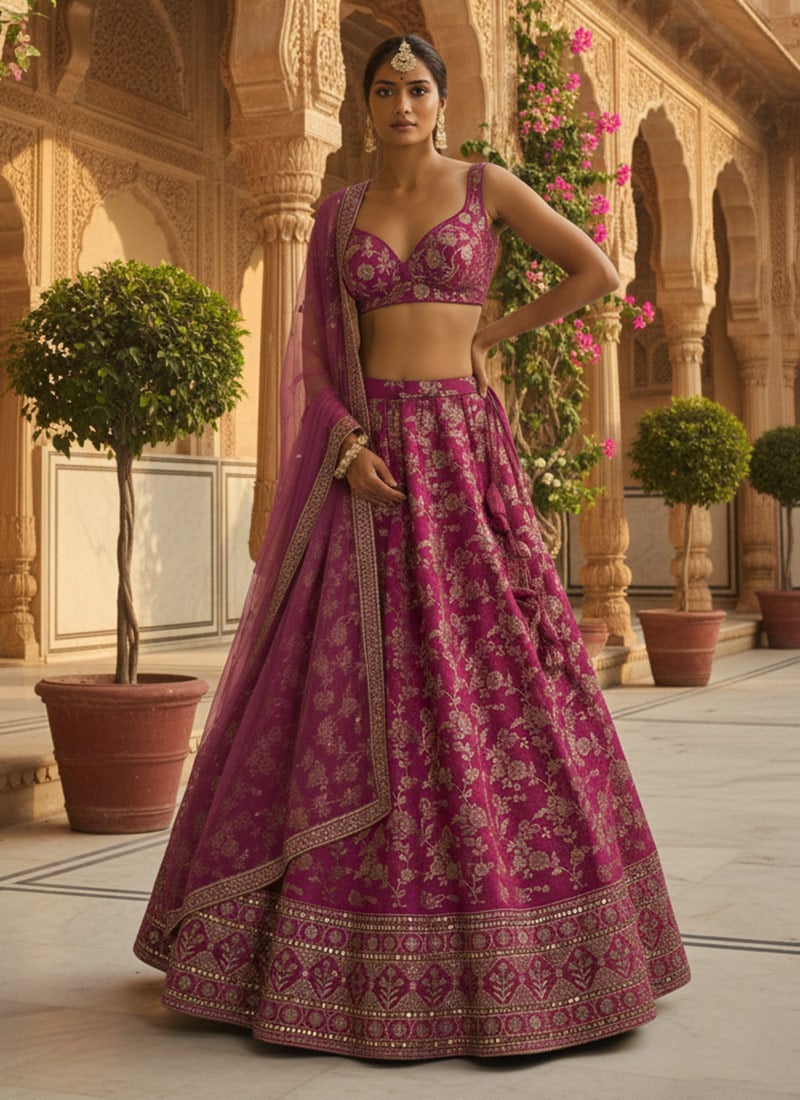 Pink Dola Silk Jacquard Sequins Embroidered Lehenga Set Festive Wear
