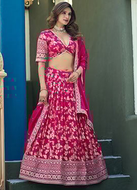 Pink Dola Silk Jacquard Sequins Embroidered Umbrella Lehenga