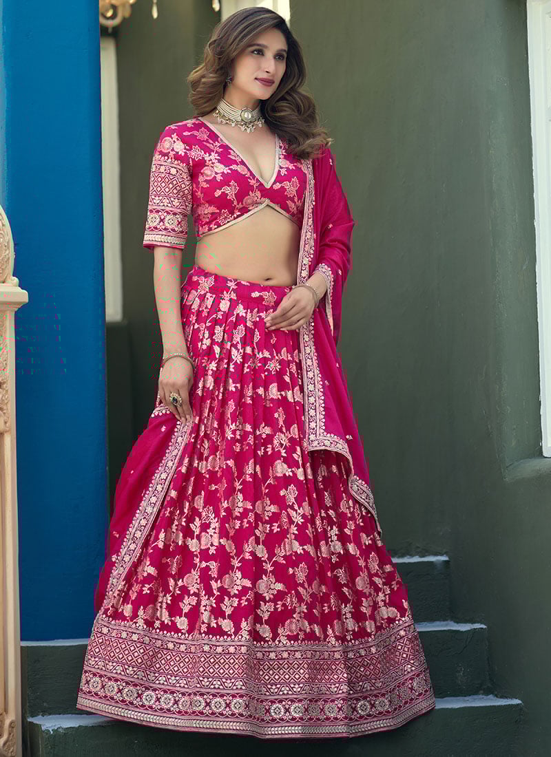Pink Dola Silk Jacquard Sequins Embroidered Umbrella Lehenga Wedding Wear