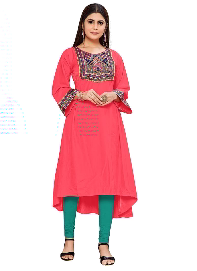 Pink Dola Silk Jacquard Work Knee Length Kurti