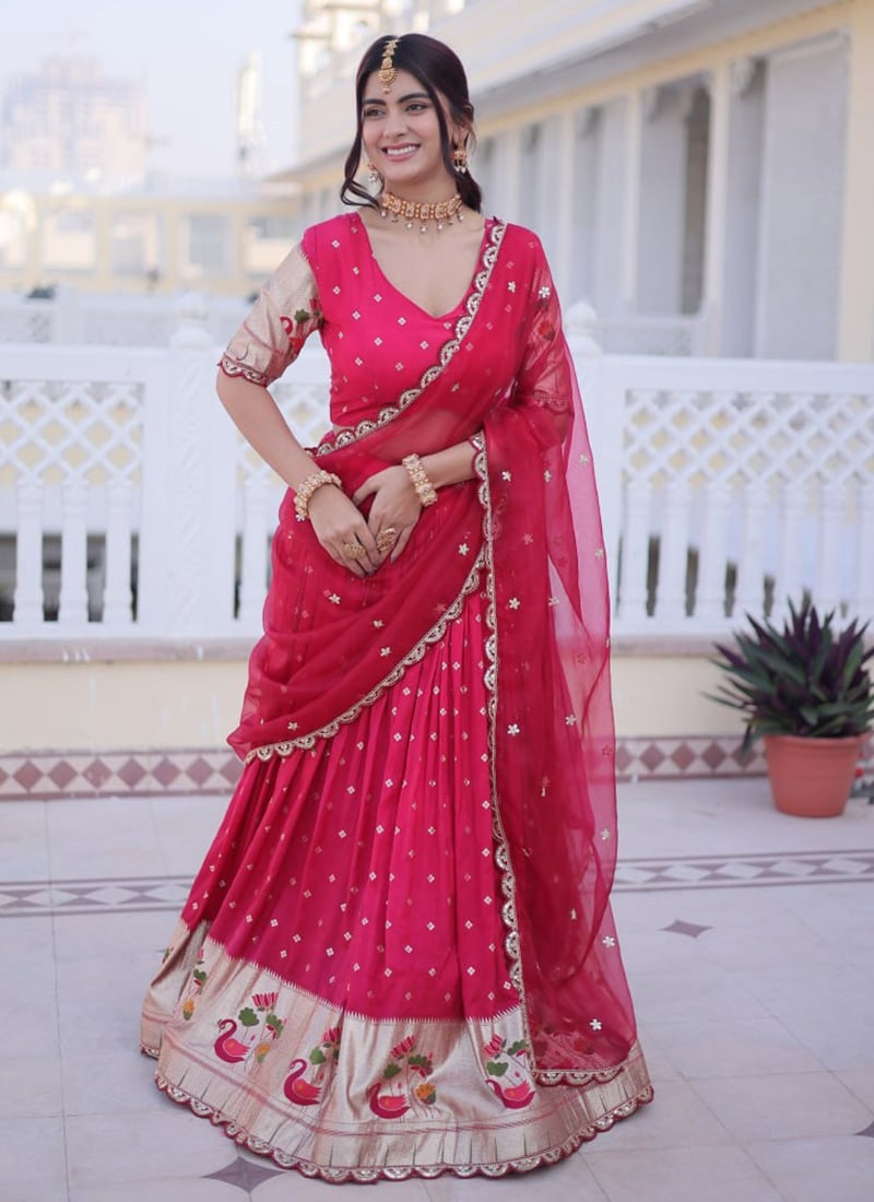 Pink Dola Silk Jacquard Woven Embroidered Sequins Lehenga Wedding Wear