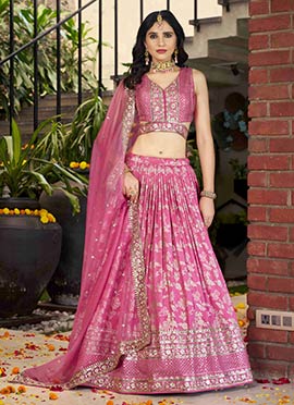 Pink Dola Silk Jacquard Zari Embroidered Sequins Lehenga Wedding Wear