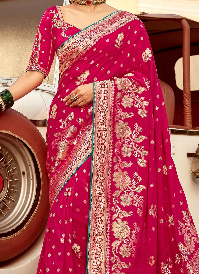Viscose Dola Silk Saree x Full Zari Work - Pink