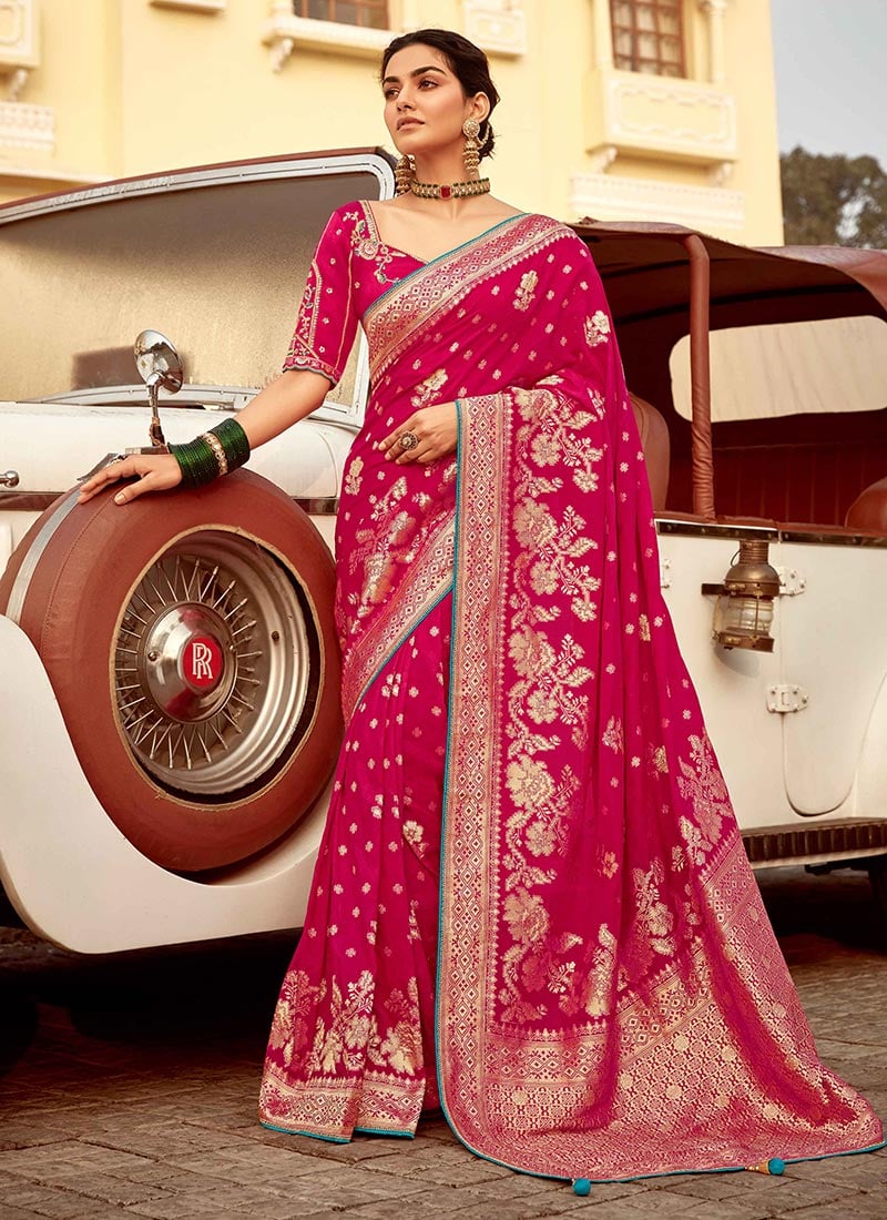 Pink Dola Silk Jacquard Zari Embroidered Sequins With Beads Work Saree
