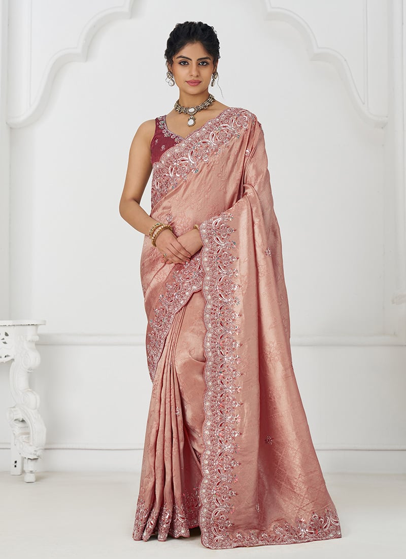 Pink Dola Viscose Silk Embroidered Sequins With Beads Stone And Aari Work Saree Wedding Wear