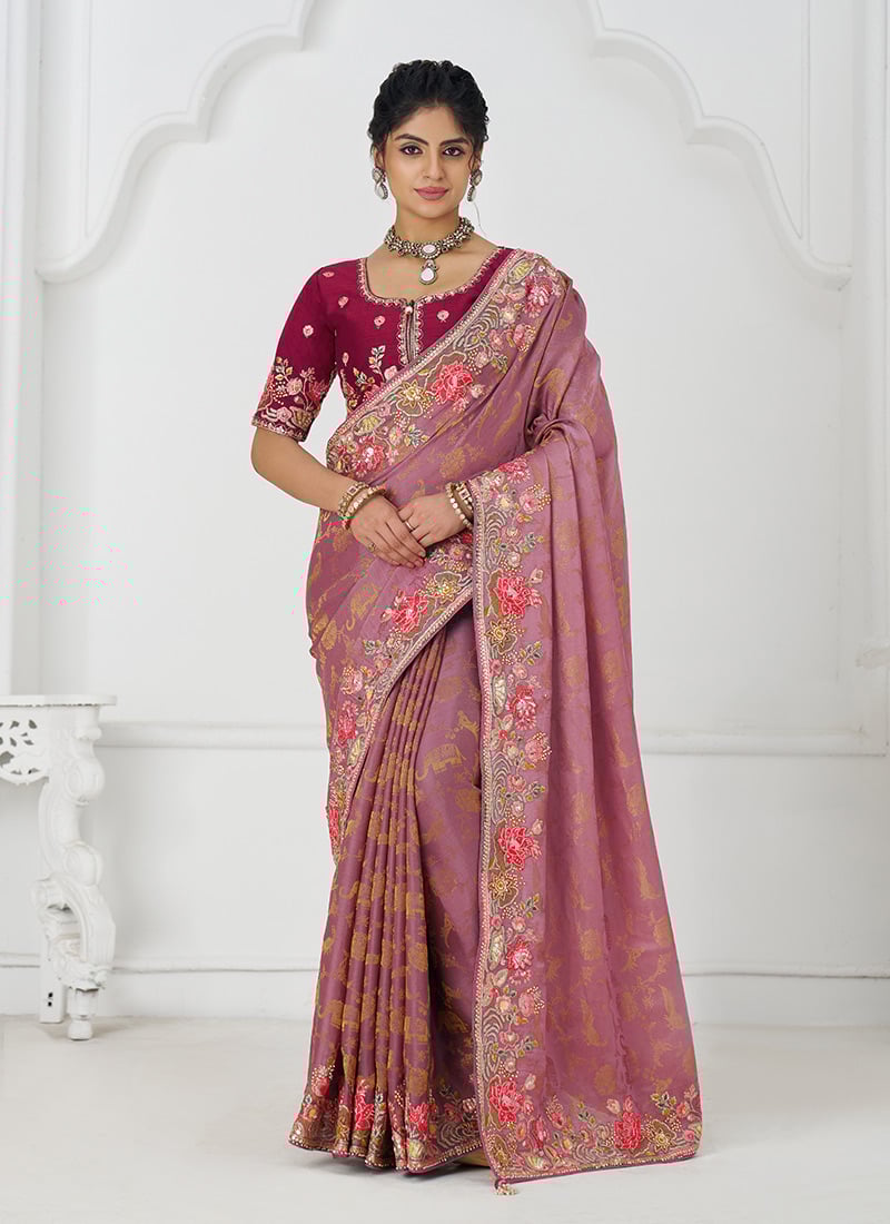 Pink Dola Viscose Silk Embroidered Sequins With Beads Stone And Aari Work Saree Wedding Wear