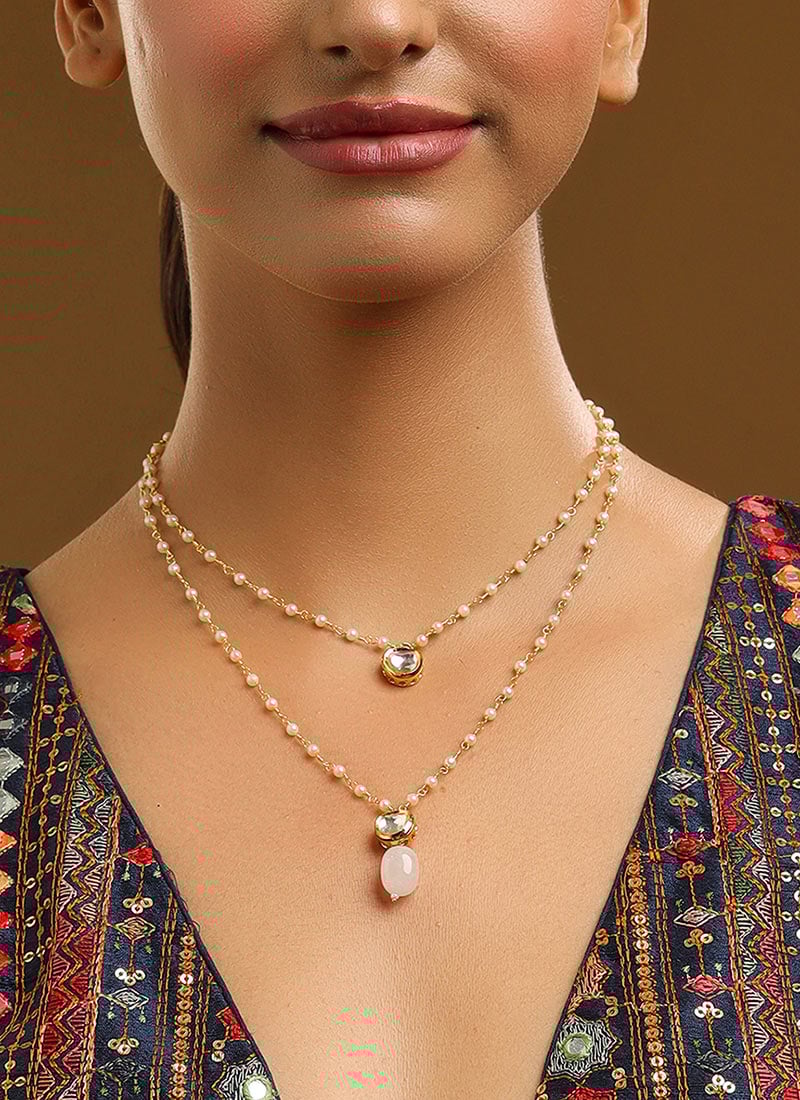 Pink Dual Layer Kundan And Beads Necklace Festive Wear