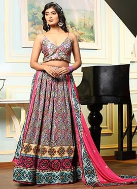 Pink Dupatta N Multicolor Satin Silk Digital Printed Work A Line Lehenga