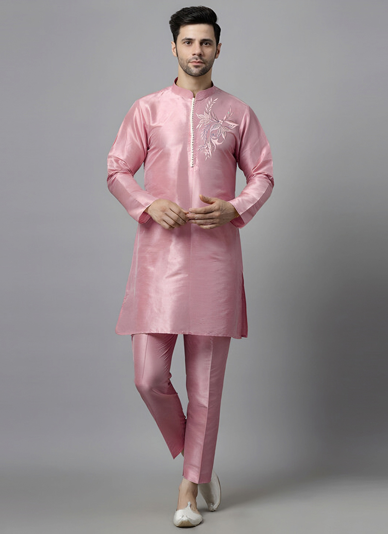 Pink Dupion Embroidered Kurta Pyjama Festive Wear