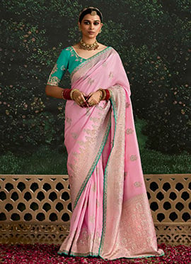 Pink Embroidered And Sequins Thread Work Saree