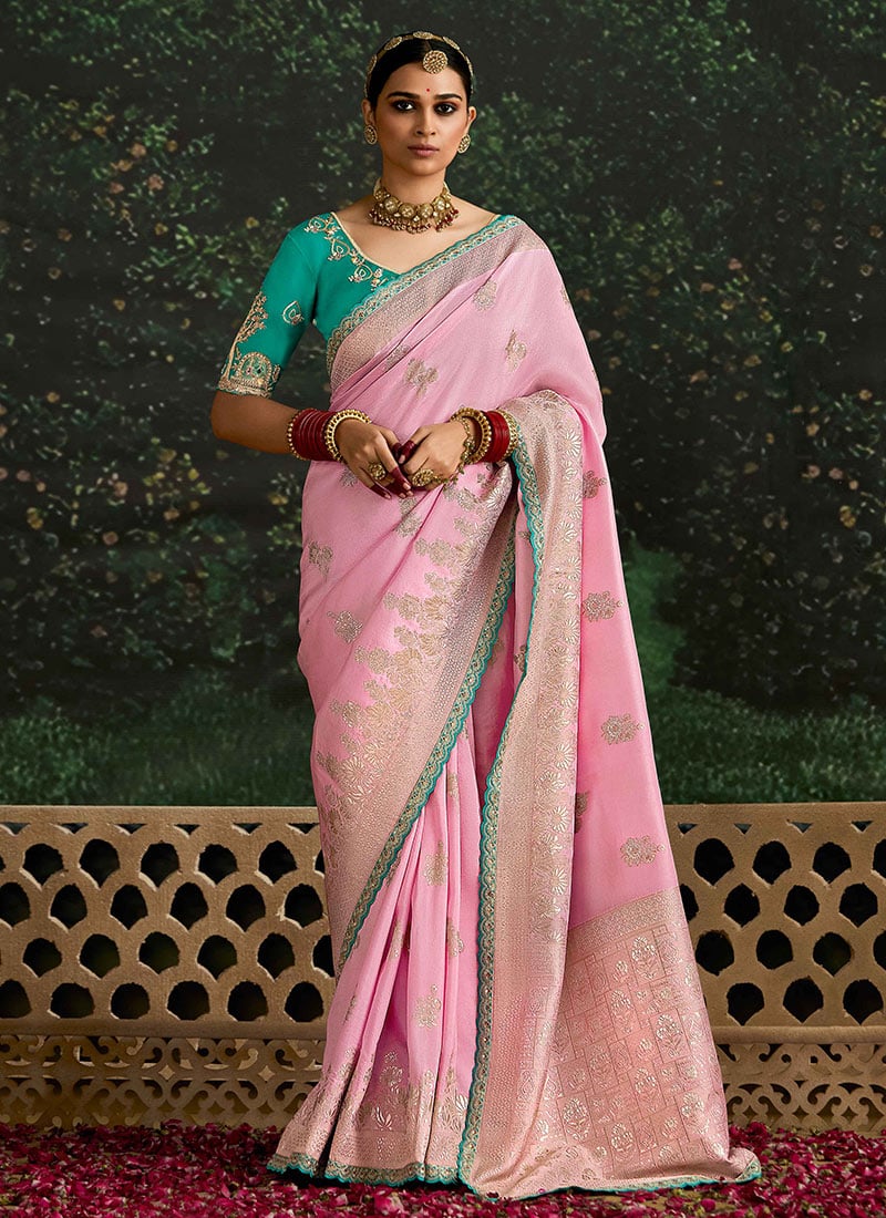 Pink Embroidered And Sequins Thread Work Saree Wedding Wear