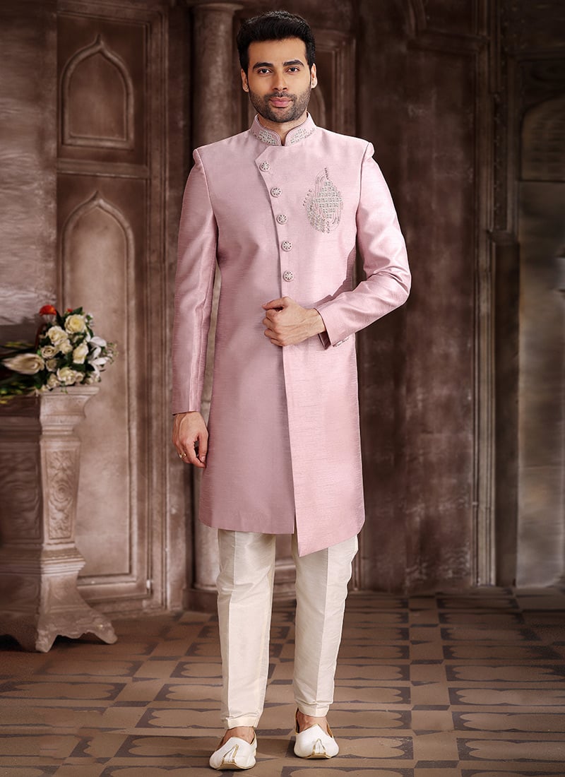 Pink Embroidered Art Silk Indowestern Sherwani Party Wear