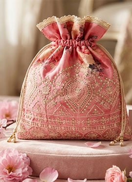 Pink Embroidered Art Silk Potli Bag
