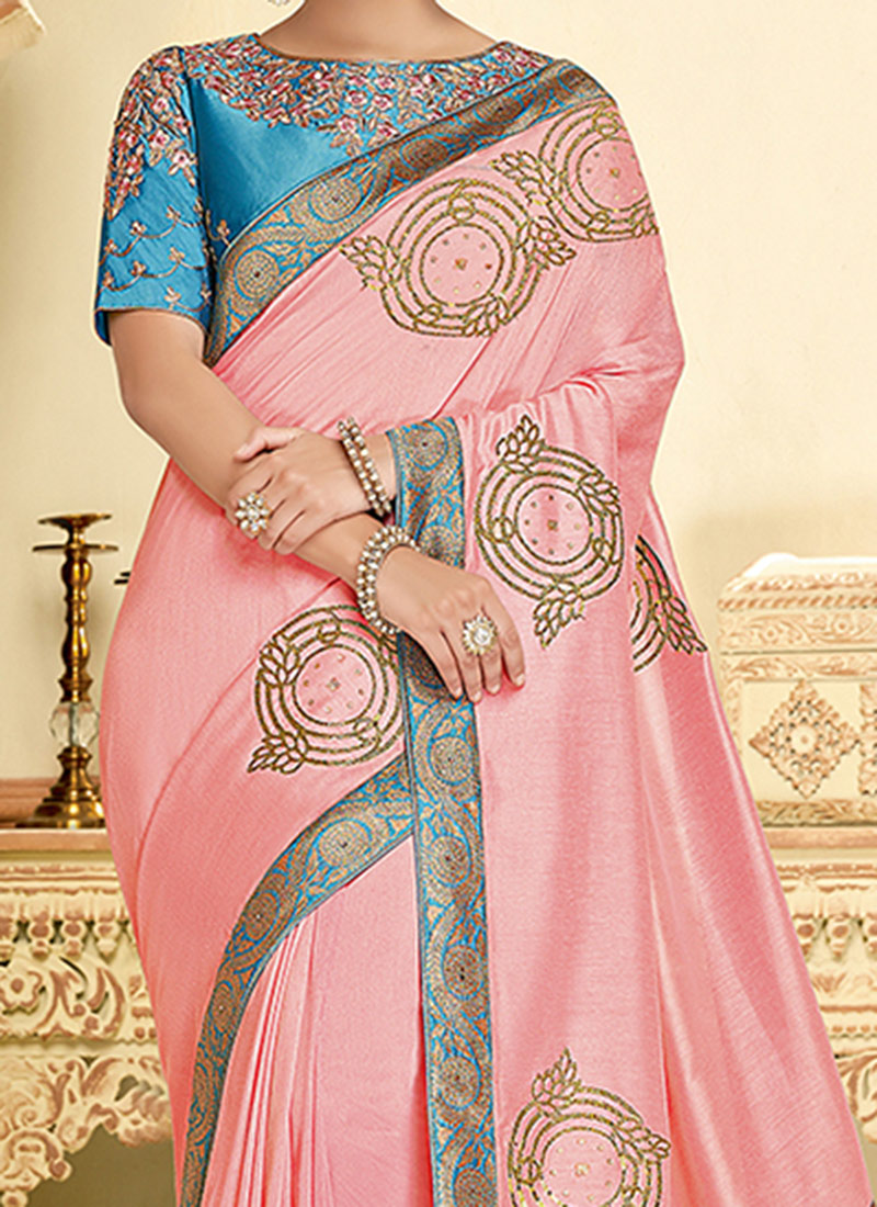 Buy pink Embroidered Art Silk Saree Party Wear, Embroidered , Zari