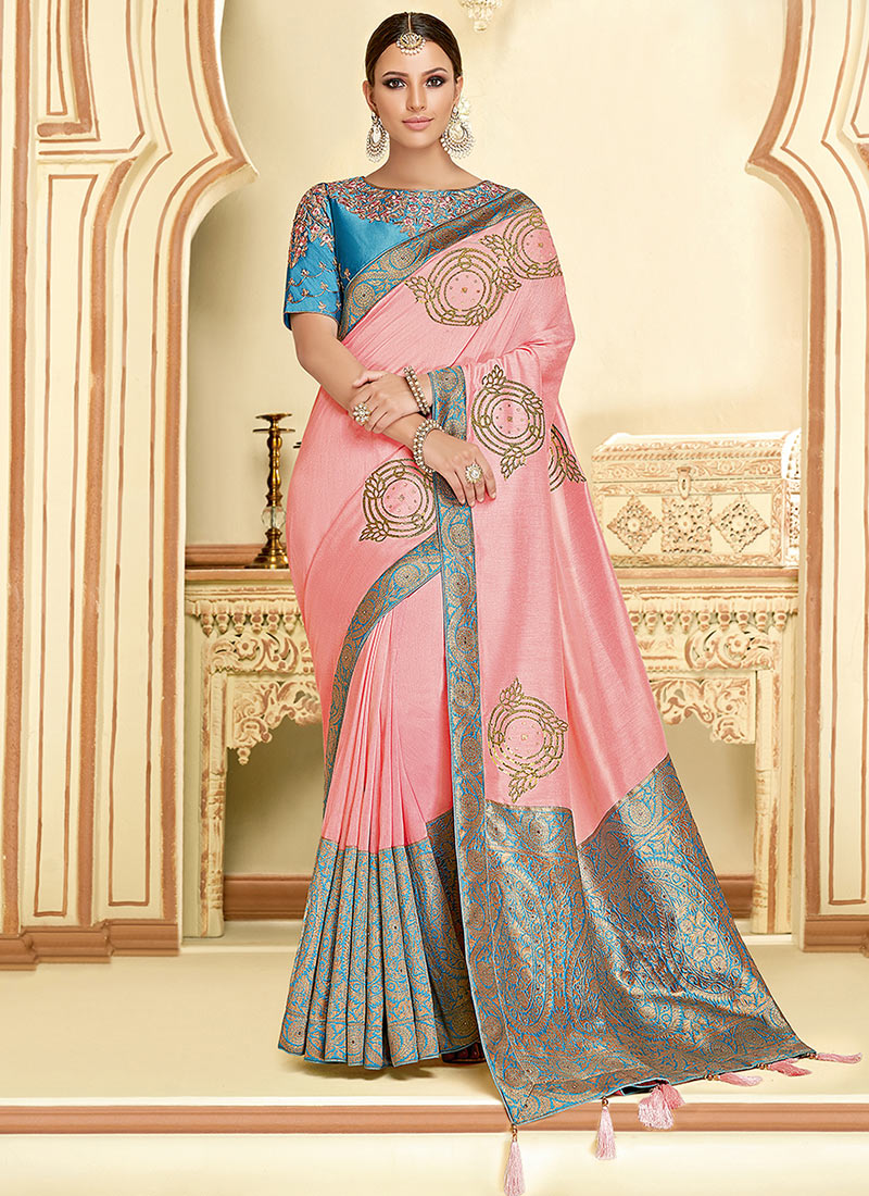 Buy pink Embroidered Art Silk Saree Party Wear, Embroidered , Zari