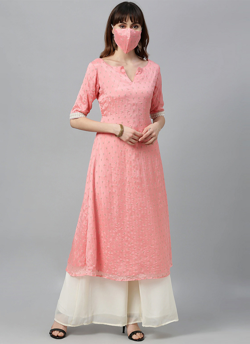 Pink Embroidered Calf Length Kurta Set