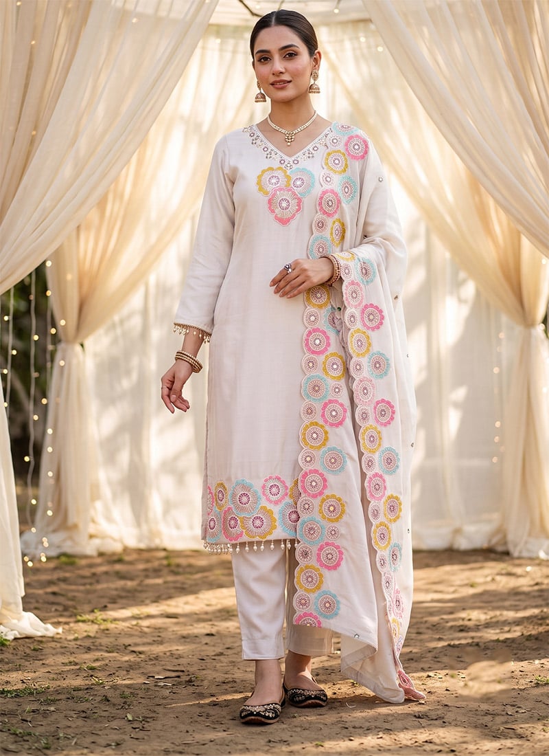Pink Embroidered Chinon Silk Straight Pant Kurta Set Festive Wear