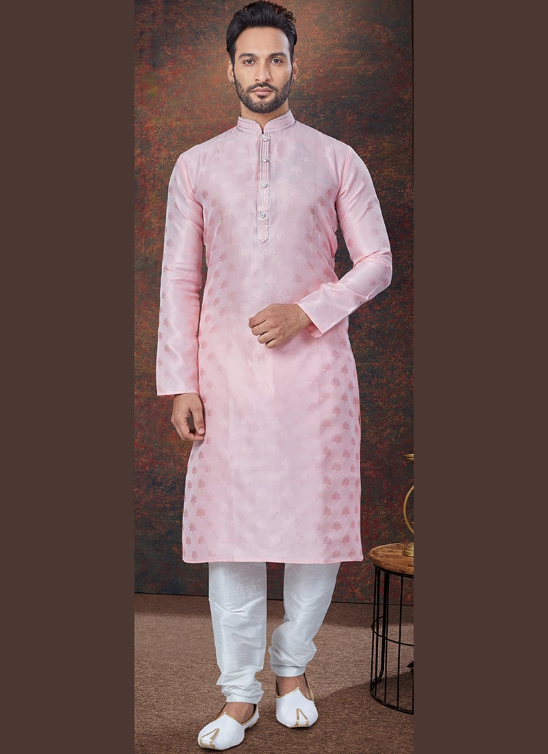 Pink Embroidered Jacquard Print Silk Kurta Pyjama For Men Festive Wear