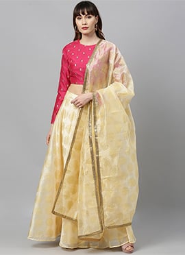Pink Embroidered Jewel Neck Skirt Set