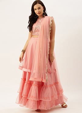 Pink Embroidered Layered Lehenga Choli Set