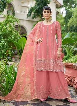 Pink Embroidered Mirror Work Chinon A Line Palazzo Suit